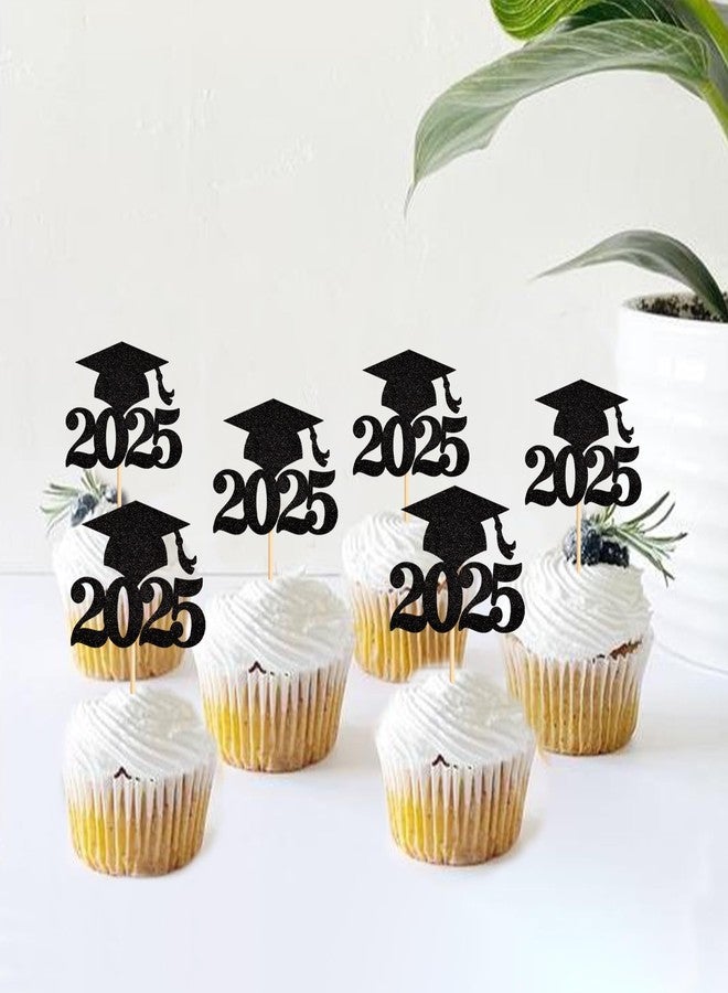 Ercadio 36 Pack Black Glitter 2025 Graduation Cap Cupcake Toppers Class of 2025 Grad Cap Cupcake Picks for 2025 Graduation Theme Party Cake Decorations Supplies - Image 4