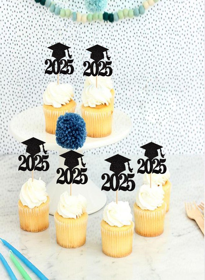 Ercadio 36 Pack Black Glitter 2025 Graduation Cap Cupcake Toppers Class of 2025 Grad Cap Cupcake Picks for 2025 Graduation Theme Party Cake Decorations Supplies - Image 5