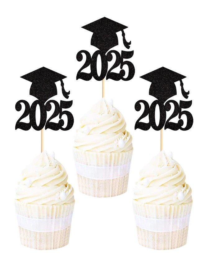 Ercadio 36 Pack Black Glitter 2025 Graduation Cap Cupcake Toppers Class of 2025 Grad Cap Cupcake Picks for 2025 Graduation Theme Party Cake Decorations Supplies - Image 1