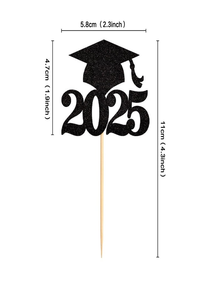 Ercadio 36 Pack Black Glitter 2025 Graduation Cap Cupcake Toppers Class of 2025 Grad Cap Cupcake Picks for 2025 Graduation Theme Party Cake Decorations Supplies - Image 2