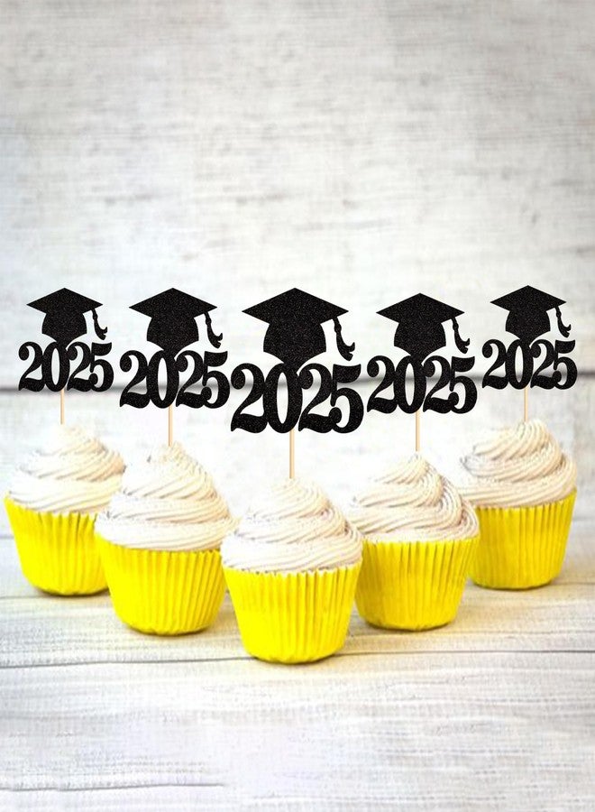 Ercadio 36 Pack Black Glitter 2025 Graduation Cap Cupcake Toppers Class of 2025 Grad Cap Cupcake Picks for 2025 Graduation Theme Party Cake Decorations Supplies - Image 3