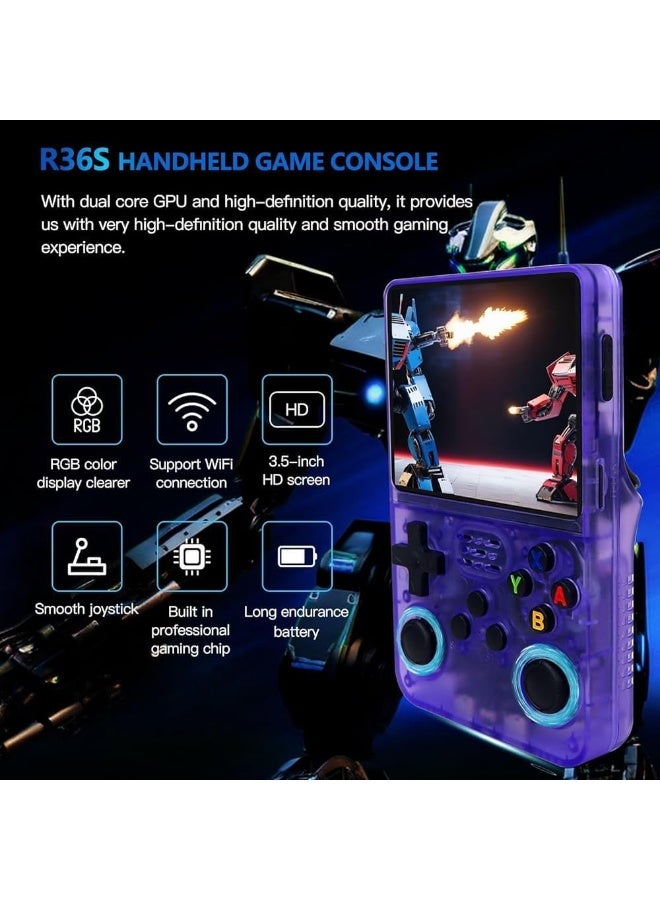 Handheld Game Console, 3.5-Inch IPS Screen, Retro Gaming, 3500mAh Battery, Built in 20000+ Games, 64G Storage, R36S - Purple - Image 2