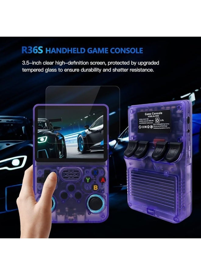 Handheld Game Console, 3.5-Inch IPS Screen, Retro Gaming, 3500mAh Battery, Built in 20000+ Games, 64G Storage, R36S - Purple - Image 3