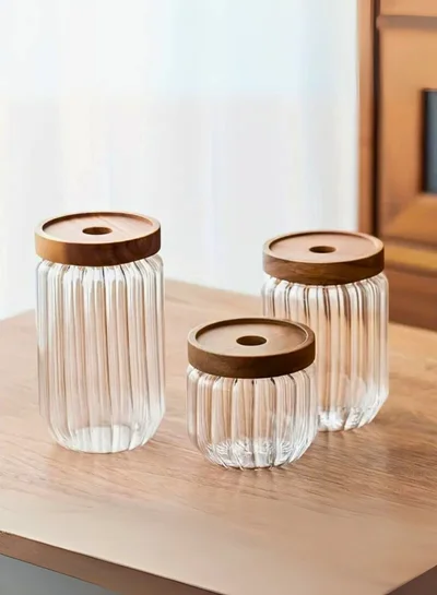 1Chase Borosilicate Stripe Glass Food Storage Jar With Acacia Wood Air Tight Lid, Set Of 3, 500/700/1000 ML