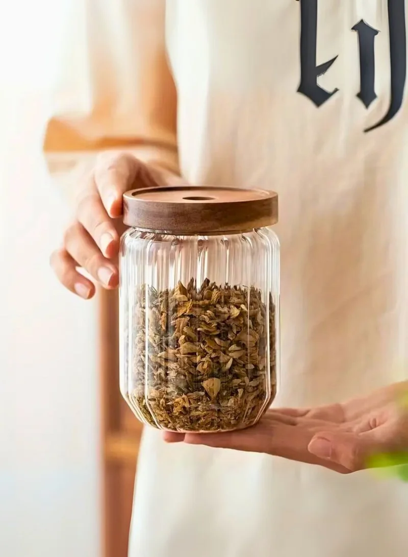 1Chase 1000ml, 700ml, 500ml Borosilicate Stripe Glass Food Storage Jar With Acacia Wood Air Tight Lid, Set Of 3, 500/700/1000 ML  | Best Price UAE