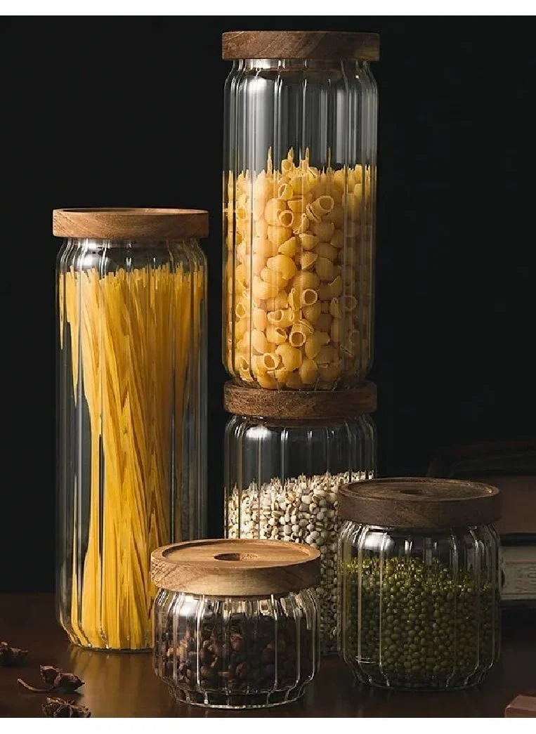 1Chase 1000ml, 700ml, 500ml Borosilicate Stripe Glass Food Storage Jar With Acacia Wood Air Tight Lid, Set Of 3, 500/700/1000 ML  | Best Price UAE