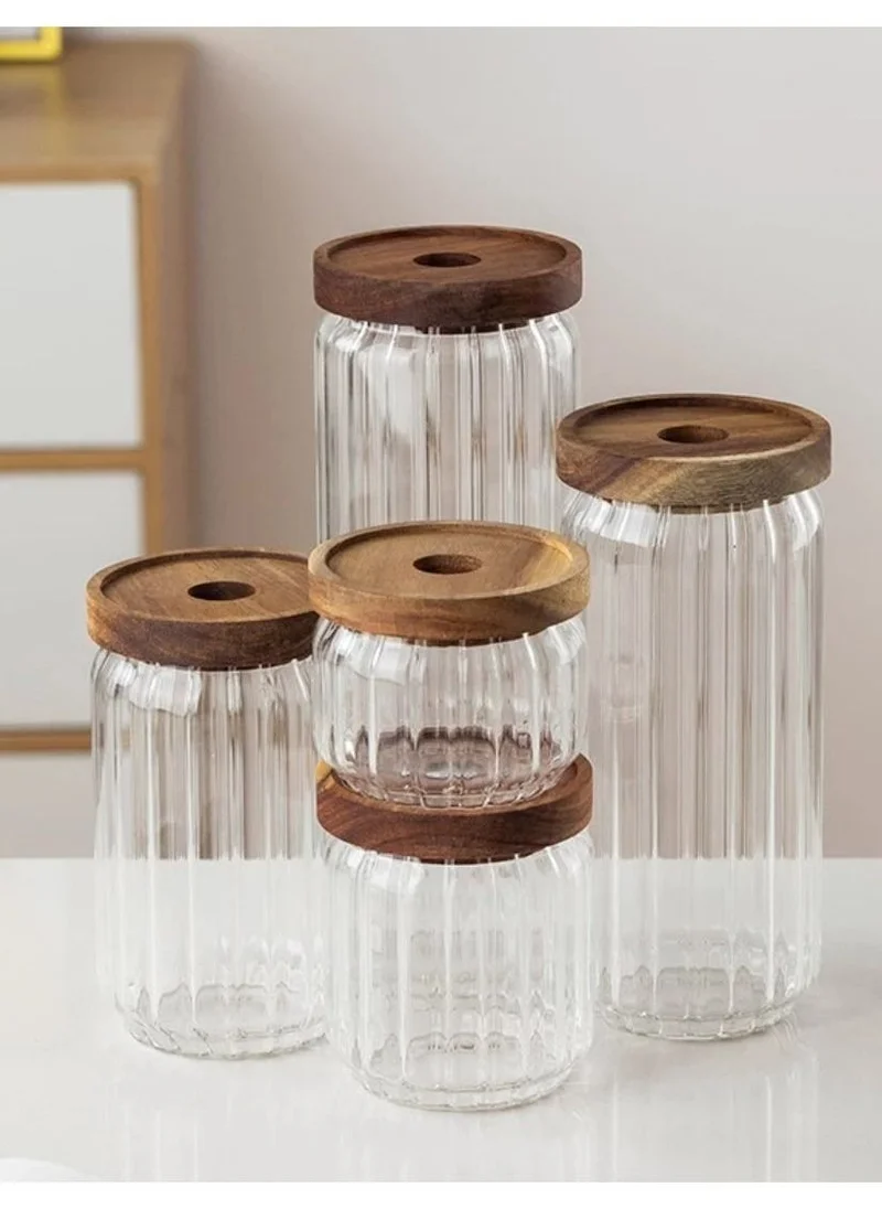 1Chase 1000ml, 700ml, 500ml Borosilicate Stripe Glass Food Storage Jar With Acacia Wood Air Tight Lid, Set Of 3, 500/700/1000 ML  | Best Price UAE