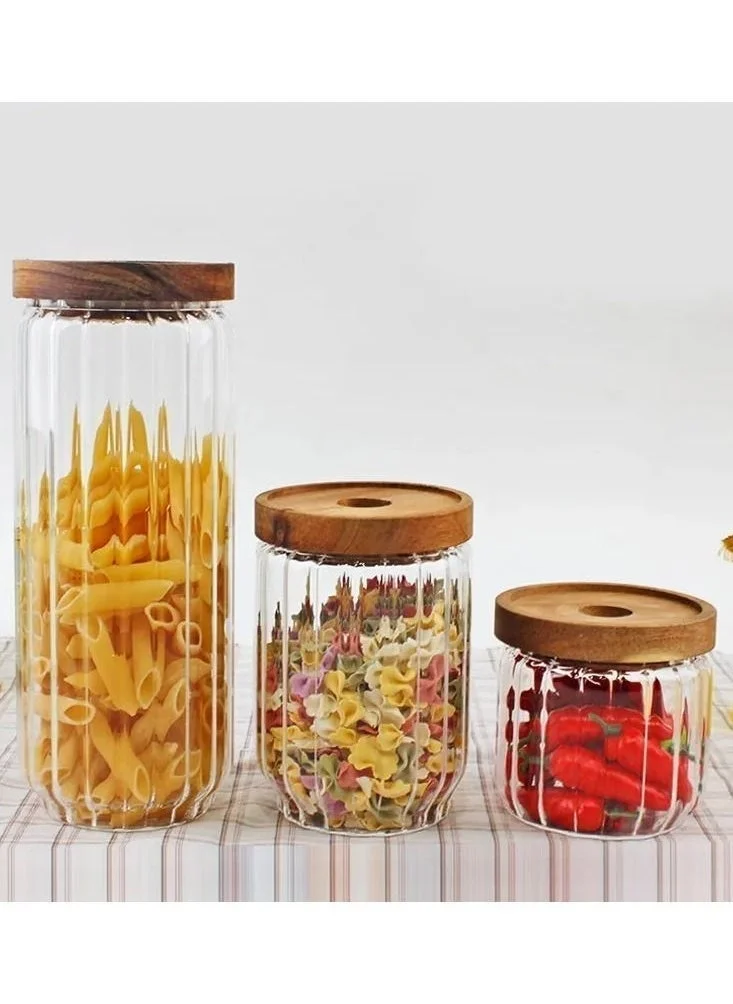 1Chase Borosilicate Stripe Glass Food Storage Jar With Acacia Wood Air Tight Lid, Set Of 3, 500/700/1000 ML