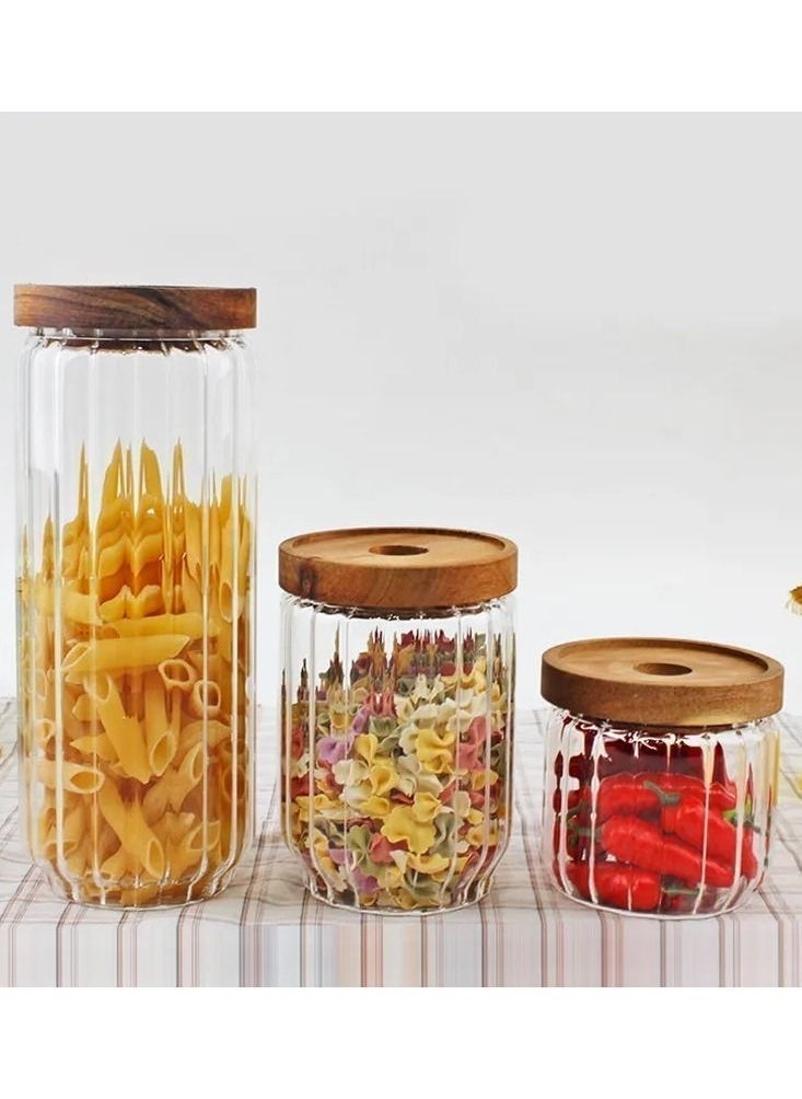 1Chase Borosilicate Stripe Glass Food Storage Jar With Acacia Wood Air Tight Lid, Set Of 3, 500/700/1000 ML  - Image 1