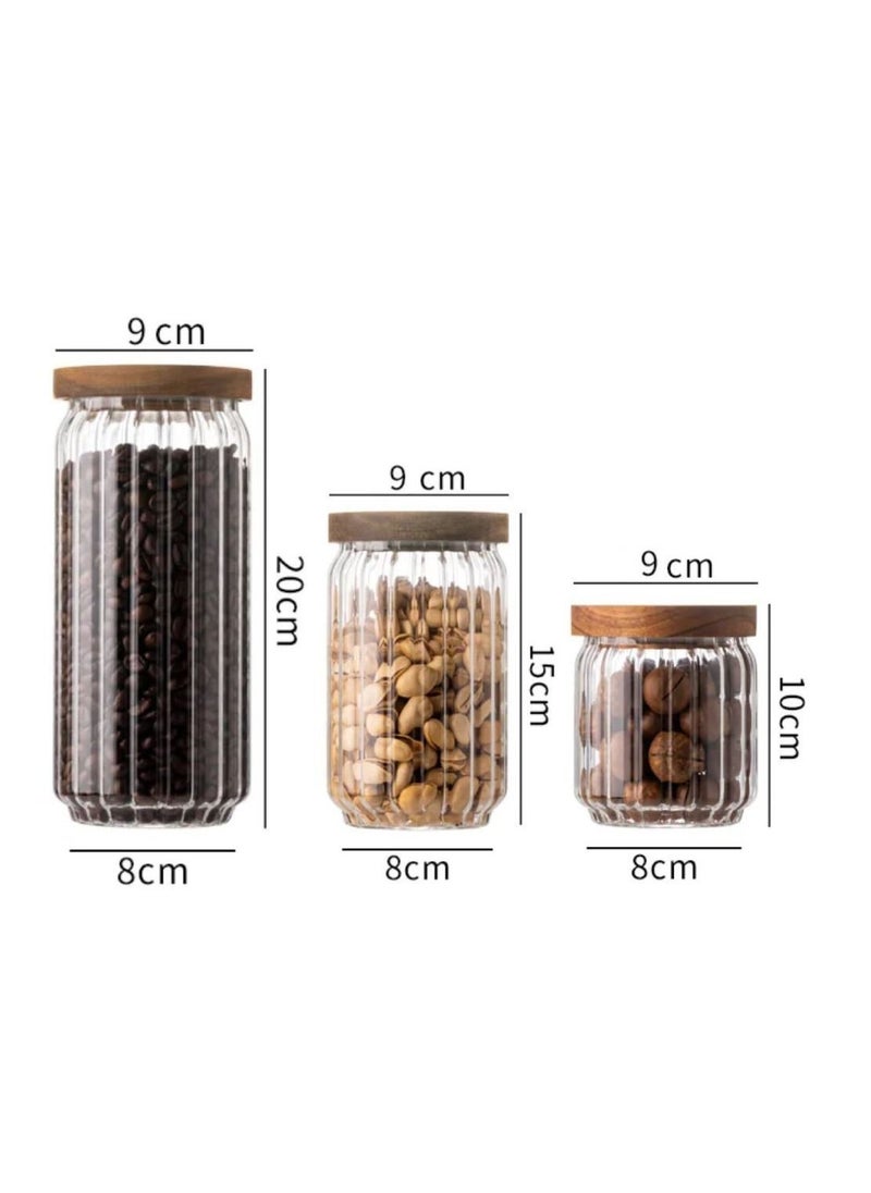 1Chase Borosilicate Stripe Glass Food Storage Jar With Acacia Wood Air Tight Lid, Set Of 3, 500/700/1000 ML  - Image 2