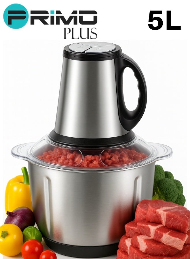 PRIMO PLUS PR166 Multi-Purpose Electric Meat And Vegetable Grinder, 500W Power, Large 5L Stainless Steel Bowl, Two-Speed Control, Four Sharp Blades, Secure Lock Safety Design – Perfect For Mincing Meat, Chopping Vegetables, Fruits, Nuts, And Preparing Sauces - Image 1