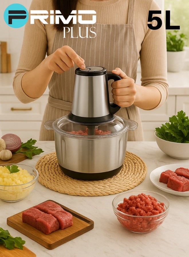 PRIMO PLUS PR166 Multi-Purpose Electric Meat And Vegetable Grinder, 500W Power, Large 5L Stainless Steel Bowl, Two-Speed Control, Four Sharp Blades, Secure Lock Safety Design – Perfect For Mincing Meat, Chopping Vegetables, Fruits, Nuts, And Preparing Sauces - Image 2