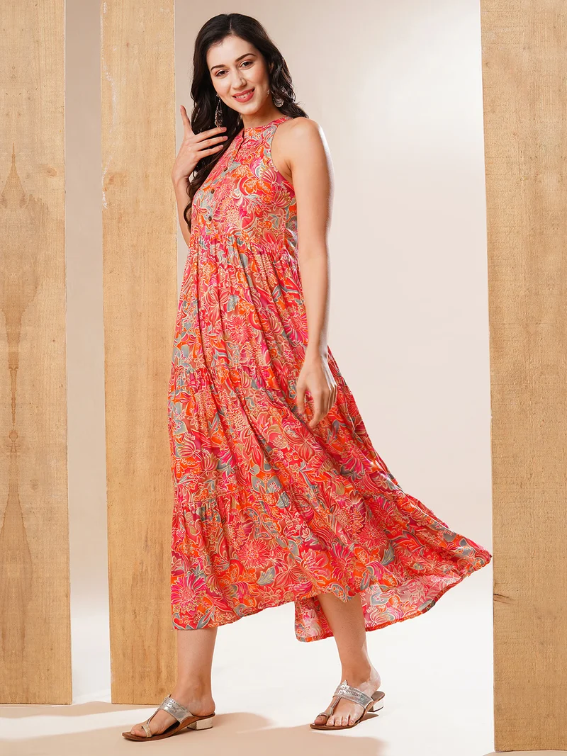 جلو باص Globus Women Multi Halter Neck Allover Floral Print Tiered Fit & Flare Fusion Maxi Dress