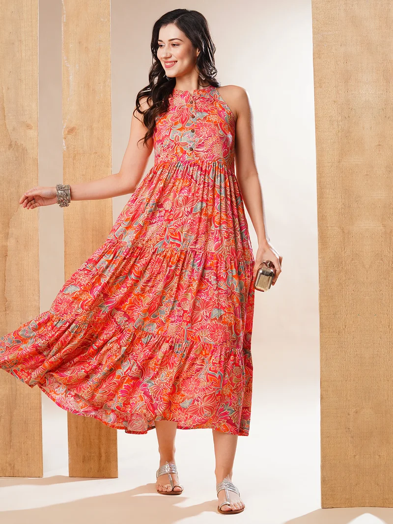 جلو باص Globus Women Multi Halter Neck Allover Floral Print Tiered Fit & Flare Fusion Maxi Dress