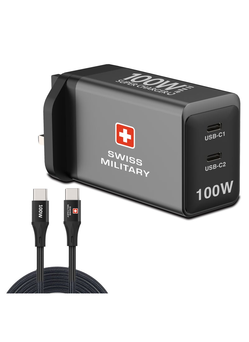SWISS MILITARY 100W GaN II Dual Port USB-C Fast Wall Charger with Power Delivery | 100W Premium Braided Cable included| Compatible with Macbook/Dell/Lenovo, iPad, iPhone, Samsung, etc | 5Yr Warranty  - Image 1
