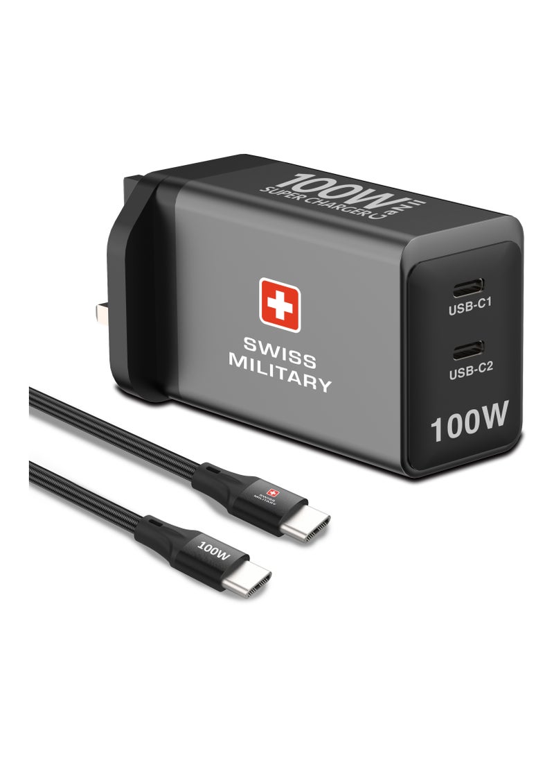 SWISS MILITARY 100W GaN II Dual Port USB-C Fast Wall Charger with Power Delivery | 100W Premium Braided Cable included| Compatible with Macbook/Dell/Lenovo, iPad, iPhone, Samsung, etc | 5Yr Warranty  - Image 4