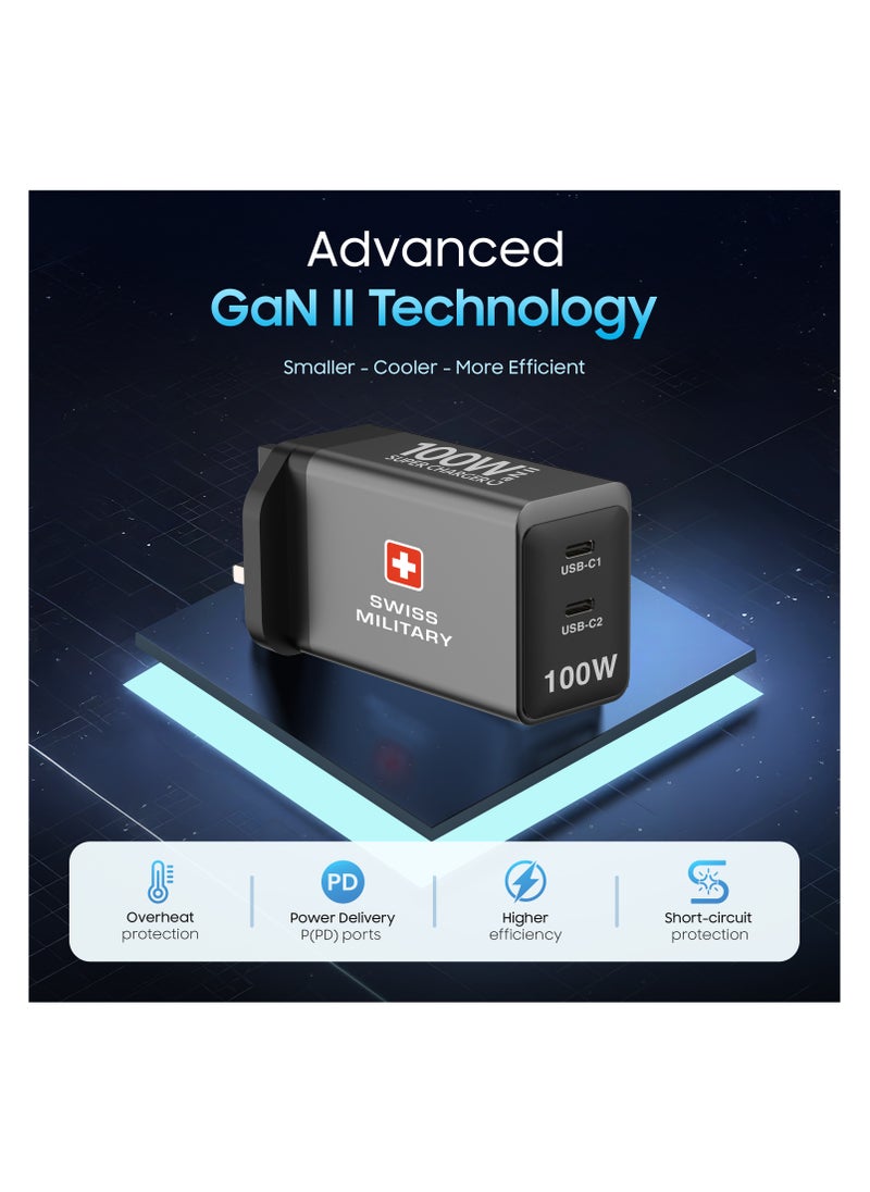 SWISS MILITARY 100W GaN II Dual Port USB-C Fast Wall Charger with Power Delivery | 100W Premium Braided Cable included| Compatible with Macbook/Dell/Lenovo, iPad, iPhone, Samsung, etc | 5Yr Warranty  - Image 5