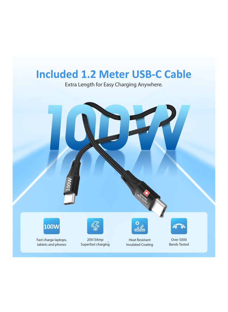 SWISS MILITARY 100W GaN II Dual Port USB-C Fast Wall Charger with Power Delivery | 100W Premium Braided Cable included| Compatible with Macbook/Dell/Lenovo, iPad, iPhone, Samsung, etc | 5Yr Warranty  - Image 3