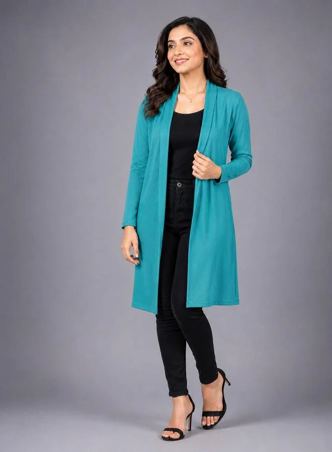 Take Two Women Green Solid Ribbed Longline Open Front Shrug By Gravt