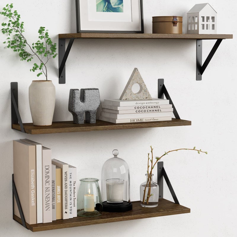 Forbena 24 Inch Long Floating Shelves for Wall Set of 3, Wooden Wall Bookshelf for Bedroom, Large Rustic Wood Hanging Book Shelves for Living Room Plants Kitchen Office Closet Storage (Dark Brown) - Image 1