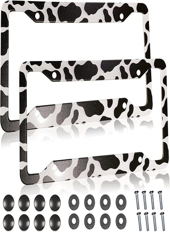 PAUSEBOLL Cow Print License Plate Frame Holders Covers Cute Animal White Black Spot Cow Tags Frames Covers Holder Stainless Aluminum Metal 2 Pack 4 Holes for USA Canada Vehicle Standard - Image 1