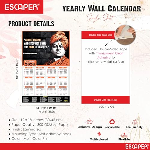ESCAPER Swami Vivekanand Motivational Wall Calendar 2026 & Inspirational Quotes (12 x 18), Famous Quotes Wall Calendar 2026, Ideal for Room Decoration, Wall Art - Image 4