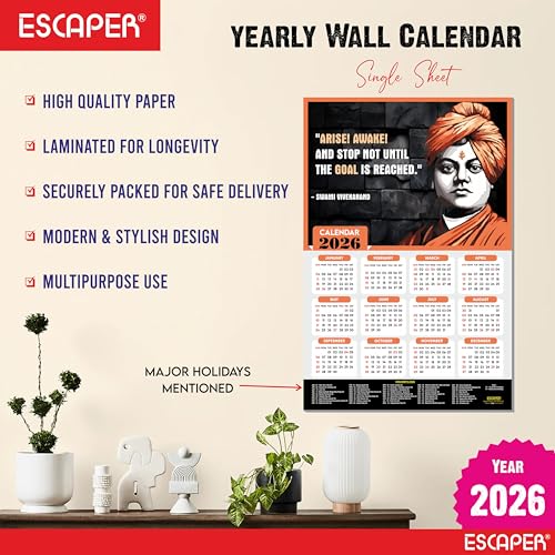ESCAPER Swami Vivekanand Motivational Wall Calendar 2026 & Inspirational Quotes (12 x 18), Famous Quotes Wall Calendar 2026, Ideal for Room Decoration, Wall Art - Image 2