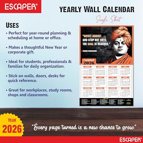 ESCAPER Swami Vivekanand Motivational Wall Calendar 2026 & Inspirational Quotes (12 x 18), Famous Quotes Wall Calendar 2026, Ideal for Room Decoration, Wall Art - Image 3