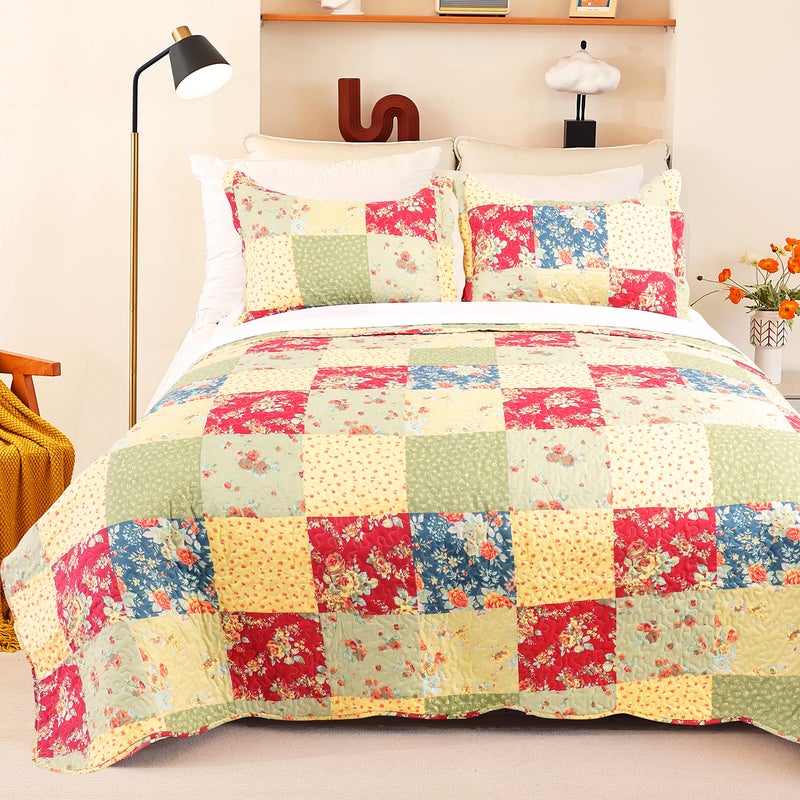 Cmfshape Summer Floral Queen Quilted Bedspread,Romantic Pink Quilt Set,Reversible Stitched Bedding Cover All Season,Soft Lightweight Coverlet with Pillow Cases (Yellow&Green, Queen(90"x90")) - Image 1