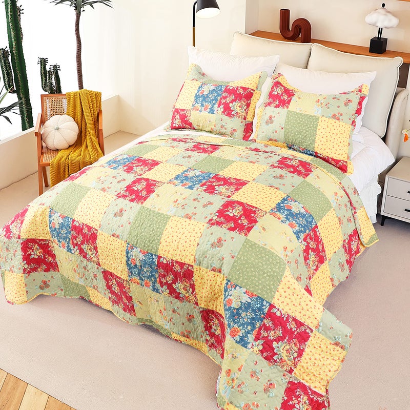 Cmfshape Summer Floral Queen Quilted Bedspread,Romantic Pink Quilt Set,Reversible Stitched Bedding Cover All Season,Soft Lightweight Coverlet with Pillow Cases (Yellow&Green, Queen(90"x90")) - Image 3