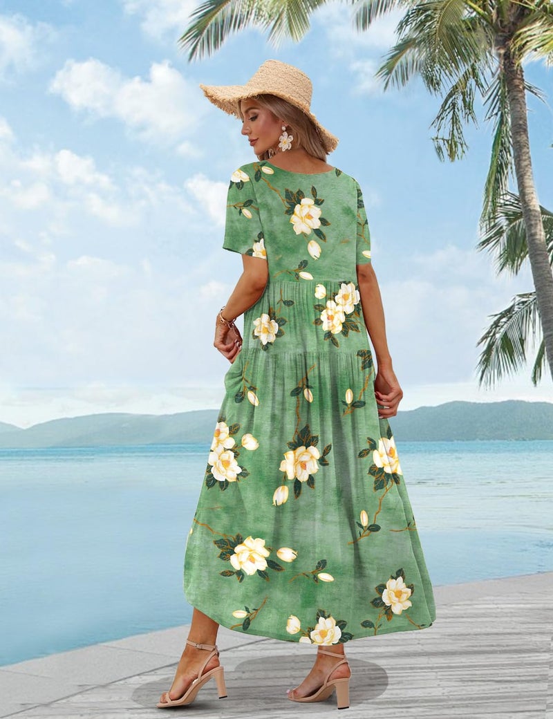 YESNO Women Casual Loose Bohemian Floral Dress with Pockets Short Sleeve Long Maxi Summer Beach Swing Dress 4XL EJF CR19 - Image 4