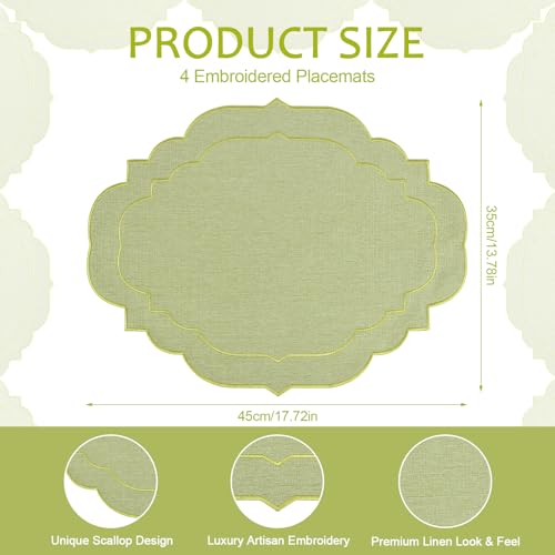 Aartner Cotton Linen Placemats Set of 4 17 x 14 inch Embroidered Oval Place Mats Scalloped Washable Cloth Fabric Placemats for Wedding Baby Shower Banquet Party Holiday Table DecorSage Green - Image 3