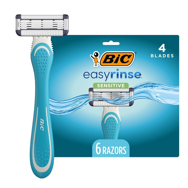 BIC EasyRinse Sensitive AntiClogging Mens Disposable Razors Clinically Proven for Sensitive Skin Shaving Razors With 4 Blades 6 Count