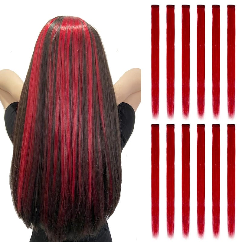 Onas 12PCS Colored Red Hair Extensions Straight Multicolor Clip in Colorful 20 Inch Rainbow Hair Extensions for Kids Women's Gifts Halloween Christmas Party Highlights (12pcs Red) - Image 1
