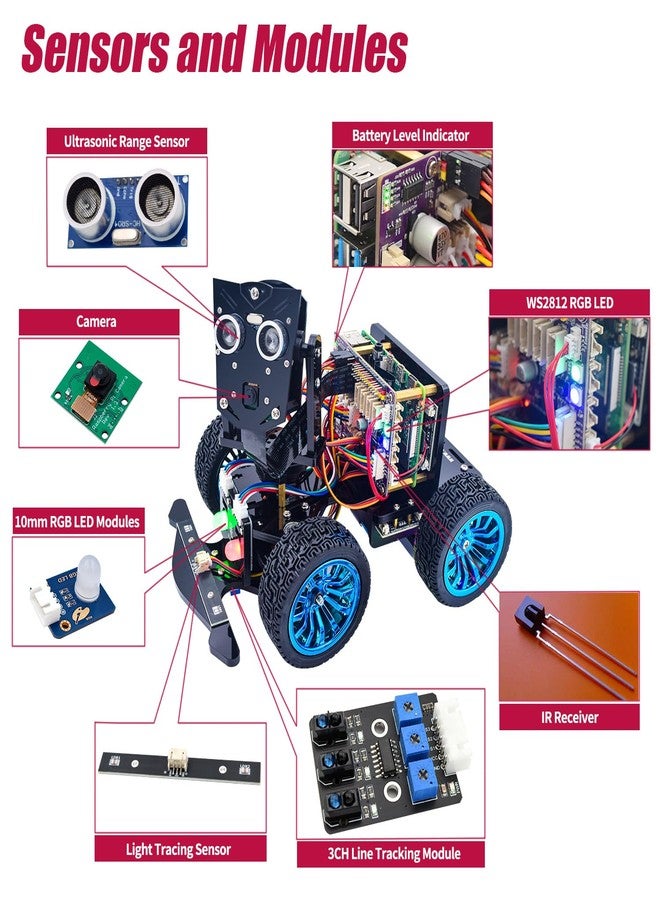 Adeept PiCar-B Mars Rover Smart Car Kit for Raspberry Pi 5/4B/3B/3B+, Obstacle Avoidance, Line Tracking, Light Tracing, Camera, Speech Recognition, Python, PDF Tutorials(Raspberry Pi NOT Included) - Image 5