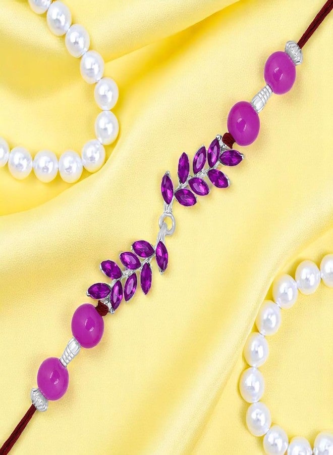 Mahi Rhodium Plated Leafy Shape Purple Crystals Rakhi for Bhaiya, Brother, Bhai, Bro (RA1100784RPur) - Image 2