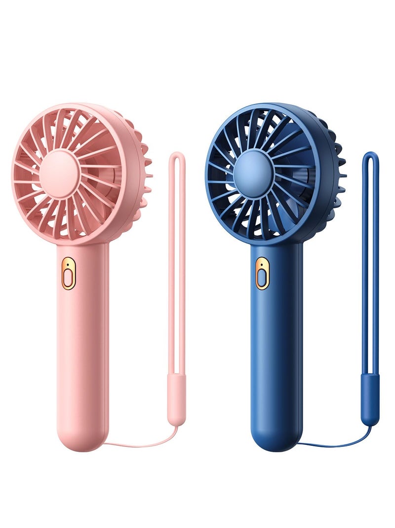 Warmco Mini Portable Fan 2Pack  3 Speed Rechargeable Handheld  Desk Fan with Base Compact Cooling for Travel Makeup Summer Gift Blue  Pink