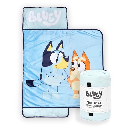 Jay Franco Kids Nap Mat with Embedded Pillow & Blanket – Soft 46"x20" Microfiber Sleeping Bag with Name Tag & Handle for School, Travel, Sleepover, Blue - Bluey - Image 1
