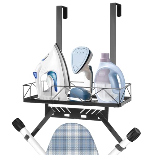 Siyzda Ironing Board Hanger, Metal Over The Door or Wall Mounted Ironing Board Caddy, Ironing Board Storage Shelf with Adjustable Hooks for Laundry Room, Living Room, Bathroom (Matte Black) - Image 1