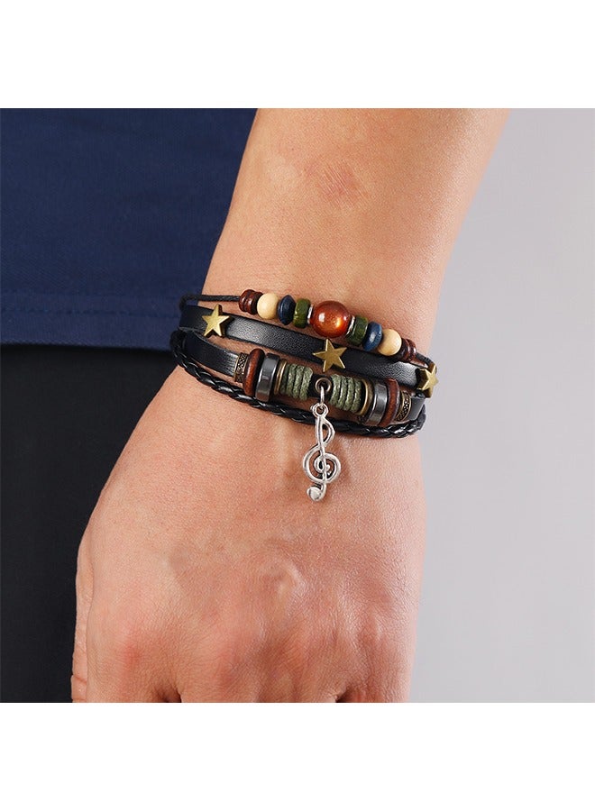 Beyond Beaded Musical Notes Leather Bracelet, Genuine Mens Stainless Steels Bracelet (Brown) - Image 3