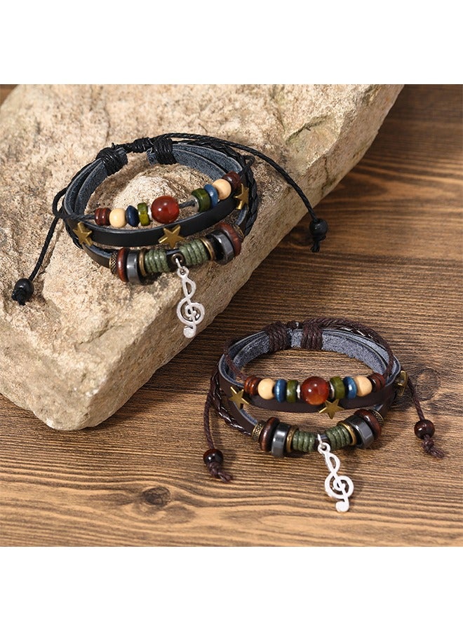 Beyond Beaded Musical Notes Leather Bracelet, Genuine Mens Stainless Steels Bracelet (Brown) - Image 5