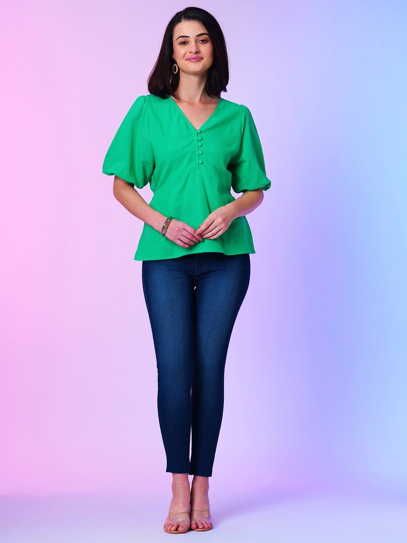 globus Globus Women V Neck Short Puff Sleeves Regular Casual Top  - Image 5