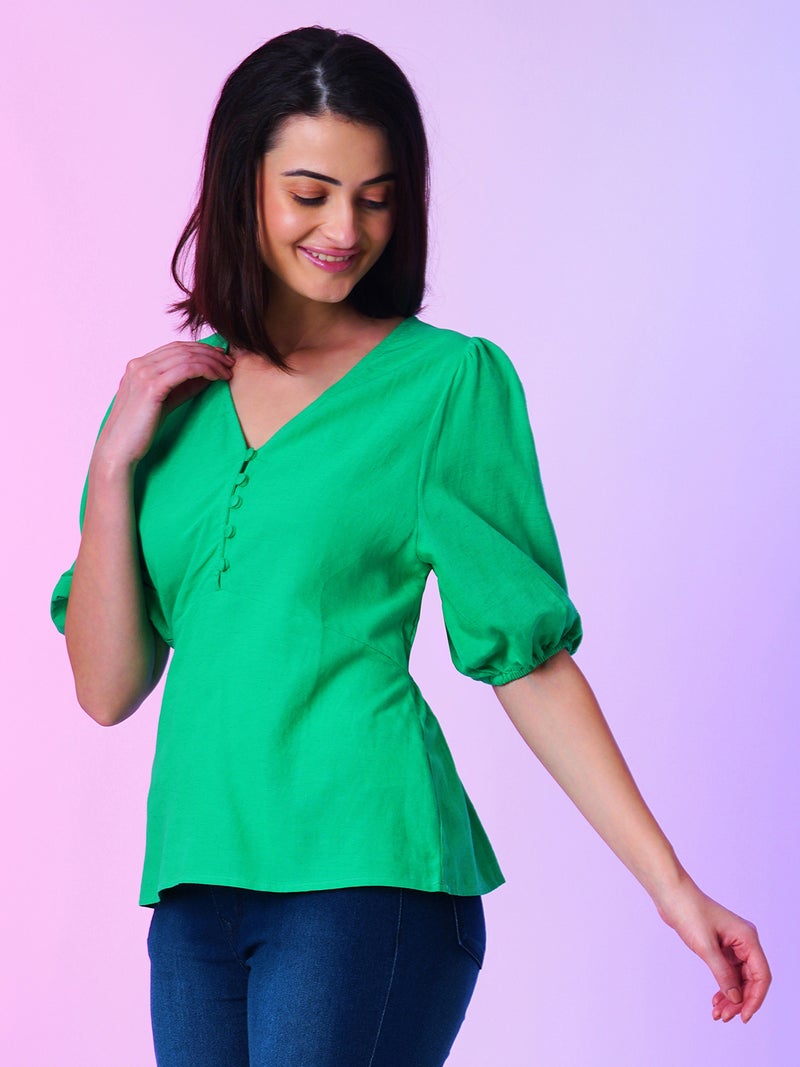 globus Globus Women V Neck Short Puff Sleeves Regular Casual Top  - Image 2