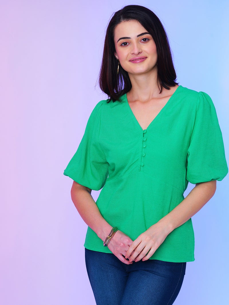 globus Globus Women V Neck Short Puff Sleeves Regular Casual Top  - Image 1