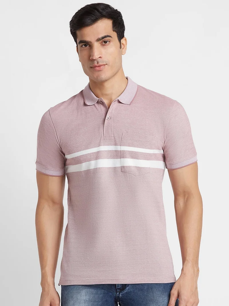 globus Globus Men Salmon Striped Cotton Regular Fit Casual Polo T-shirt