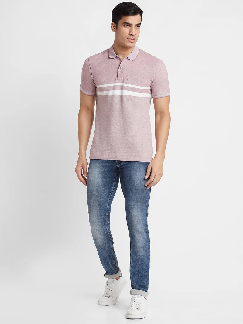 globus Globus Men Salmon Striped Cotton Regular Fit Casual Polo T-shirt