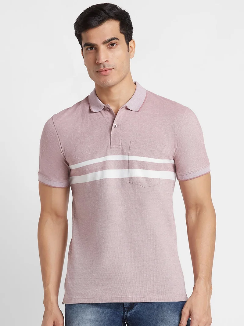 globus Globus Men Salmon Striped Cotton Regular Fit Casual Polo T-shirt
