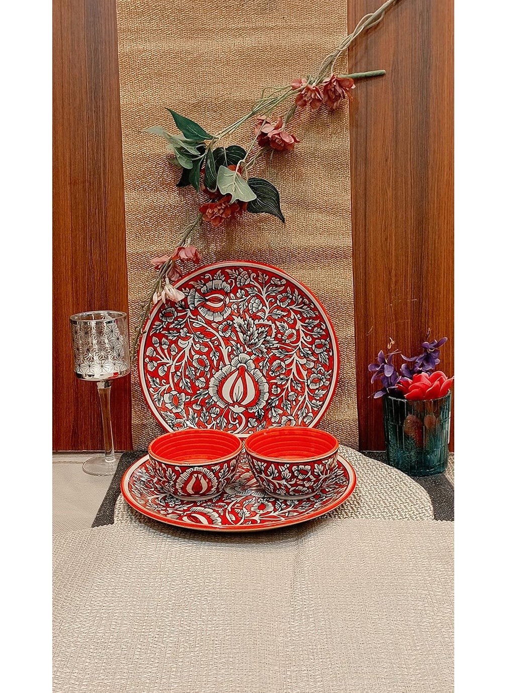 Caffeine Caffeine Ceramic Handmade Red Mughal Combo Dinner Set (4 pcs.)  - Image 1