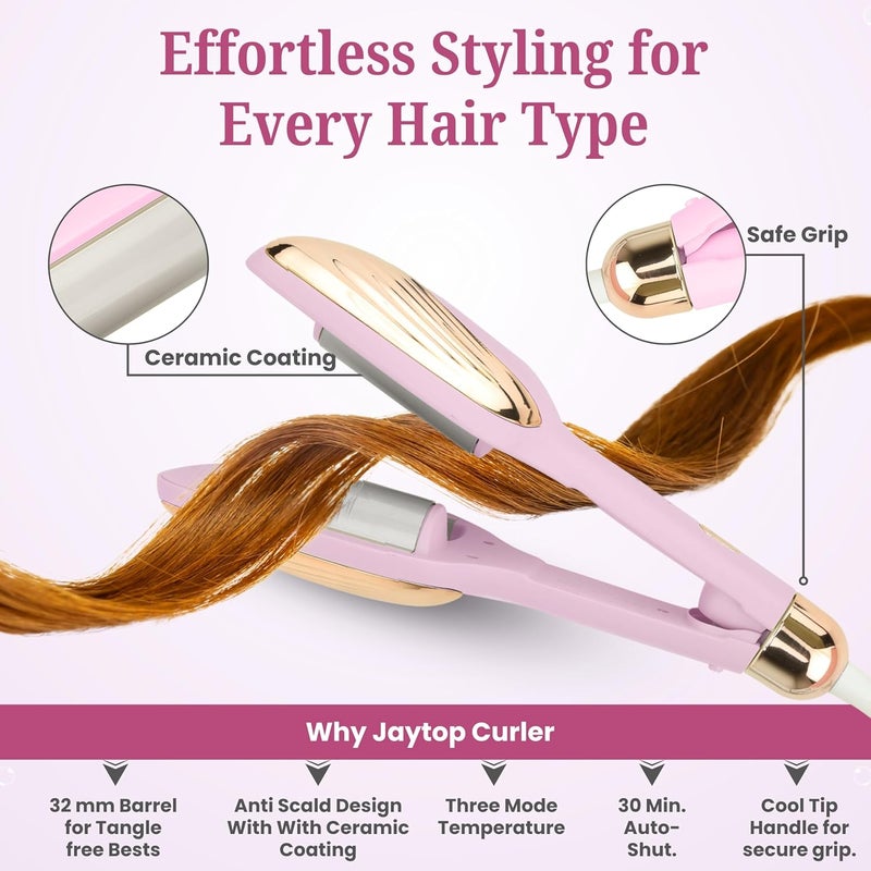 JAYTOP Hair Curler Machine | Automatic Hair Curler For Women with 3 Temperature Settings | Easy Wavy & Curly Hairstyles | Beach Waves Curling Iron | Anti-Scald Design, Quick Curls in 10-15 Min, Tangle-Free, Ceramic Coating, 360° Swivel Cord (Pink) - Image 2