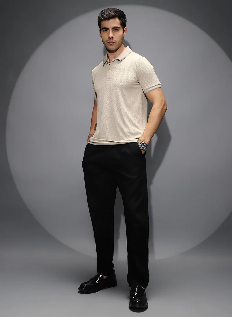 Campus Sutra Men's Ecru Beige Spirit Weave Polo T-Shirt For Casual Wear | Polo Neck | Short Cuffed Sleeves | Half-Button Closure | T-Shirt Shirt Crafted With Comfort Fit For Everyday Wear